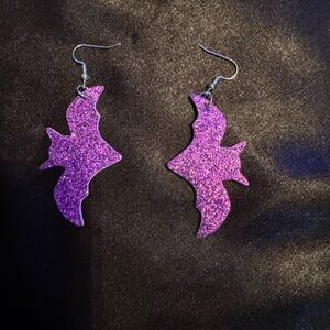 Purple Glitter Bat Earrings 2 1/2 Inches